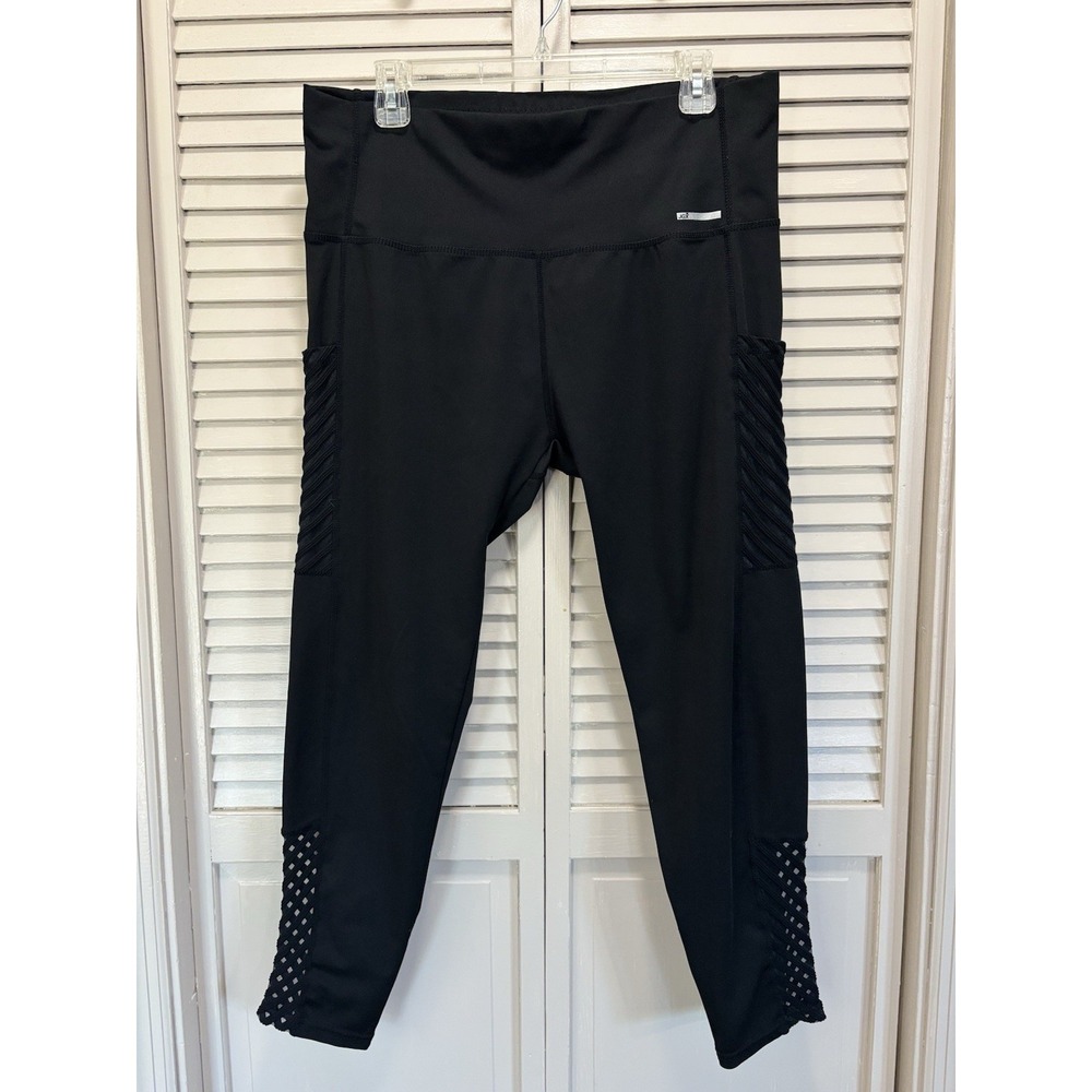 JGX Ankle Leggings Size 1X High Rise Activewear Black Sheer Pockets‎ Crisscross